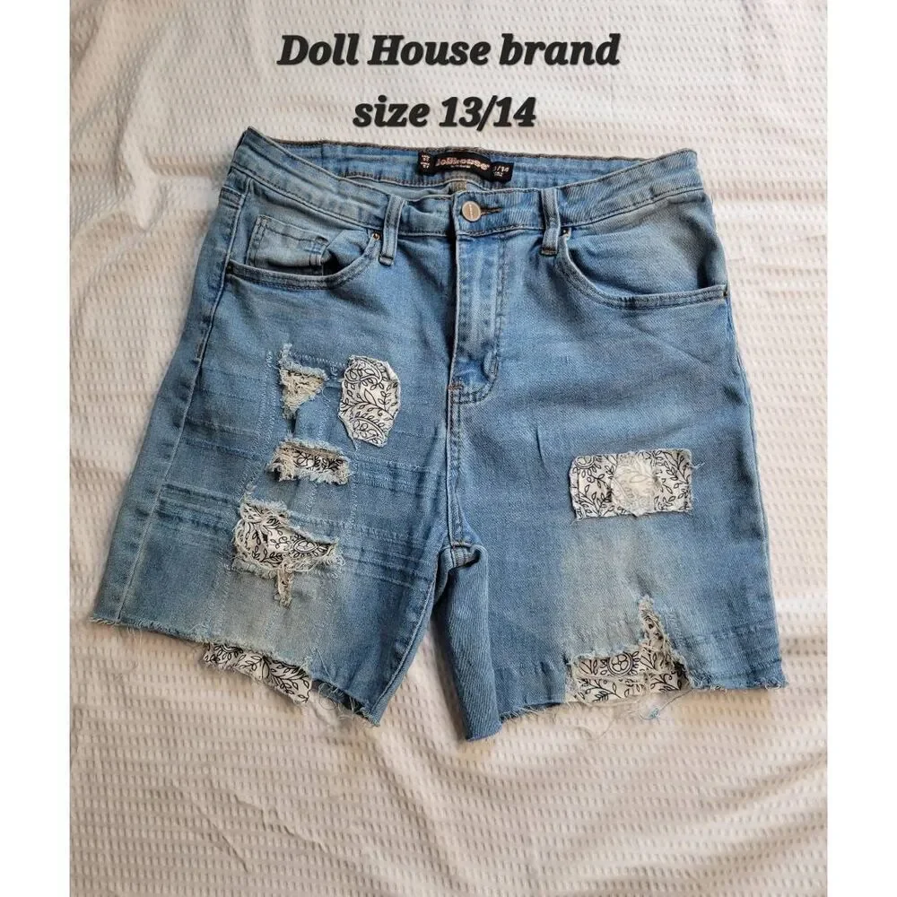 Boho Hippie Reworked denim jean shorts 13/14 dollhouse repurposed distressed